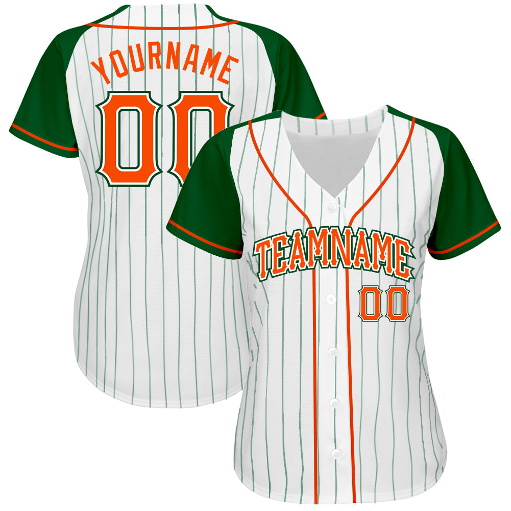 Custom White Green Pinstripe Orange-Green Authentic Raglan Sleeves Baseball Jersey view 2
