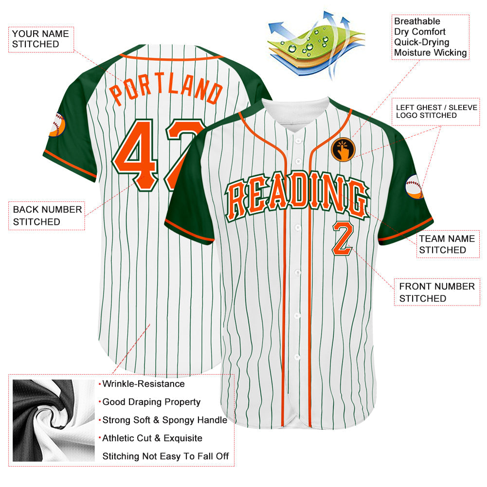 Custom White Green Pinstripe Orange-Green Authentic Raglan Sleeves Baseball Jersey view 3