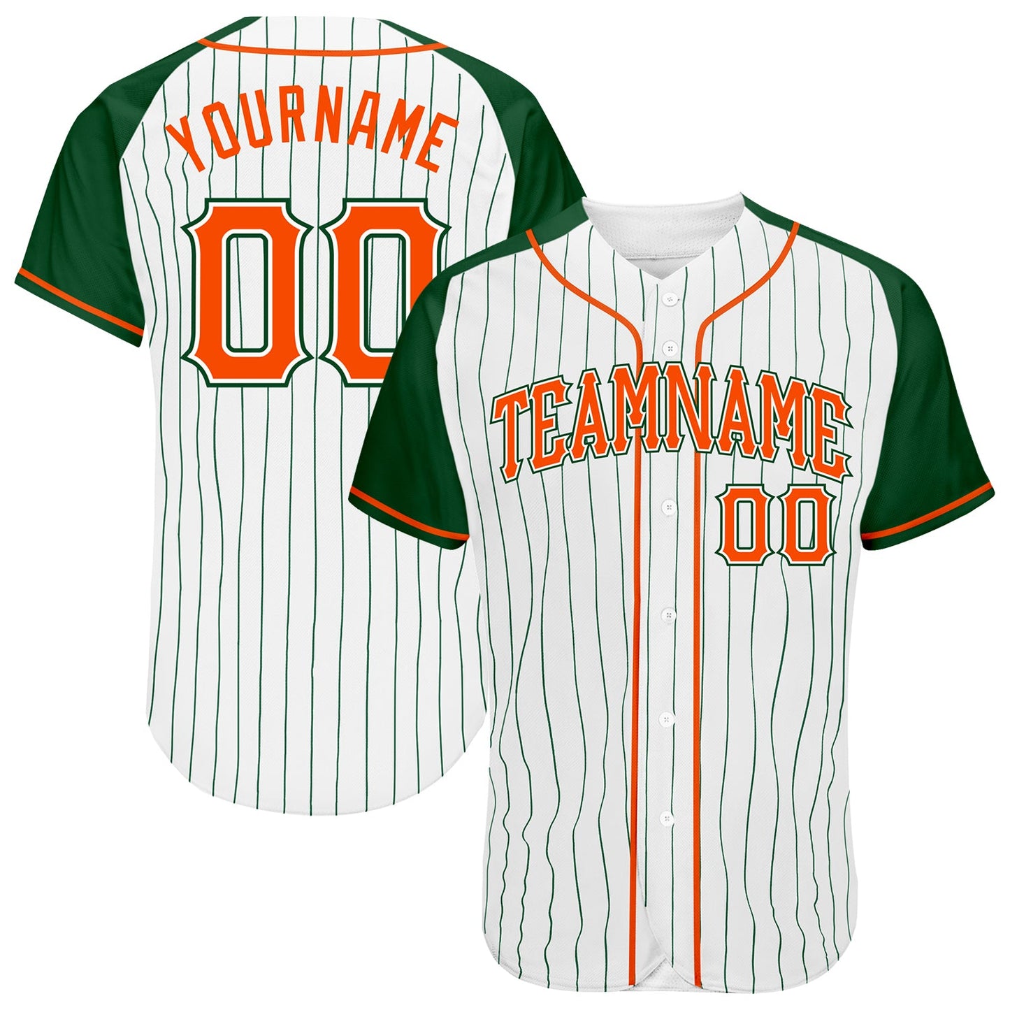 Custom White Green Pinstripe Orange-Green Authentic Raglan Sleeves Baseball Jersey - Main View