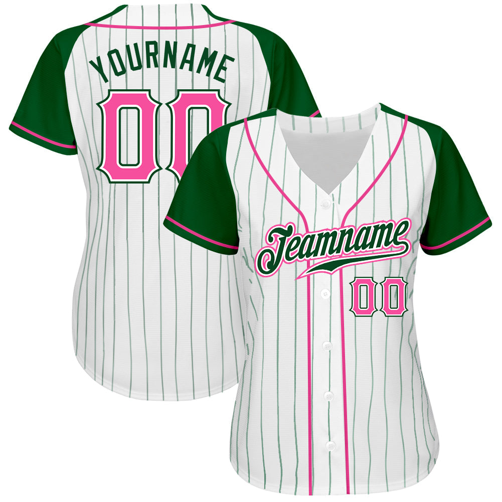 Custom White Green Pinstripe Pink-Green Authentic Raglan Sleeves Baseball Jersey view 2