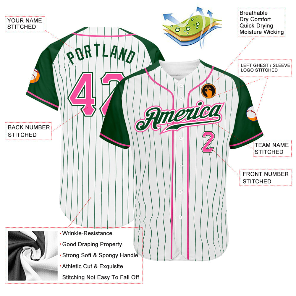 Custom White Green Pinstripe Pink-Green Authentic Raglan Sleeves Baseball Jersey view 3