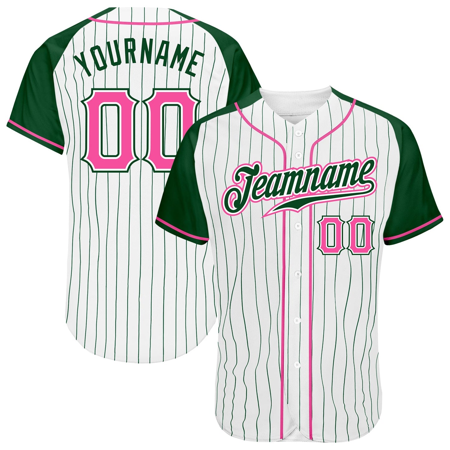 Custom White Green Pinstripe Pink-Green Authentic Raglan Sleeves Baseball Jersey - Main View