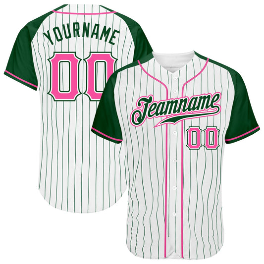 Custom White Green Pinstripe Pink-Green Authentic Raglan Sleeves Baseball Jersey - Main View