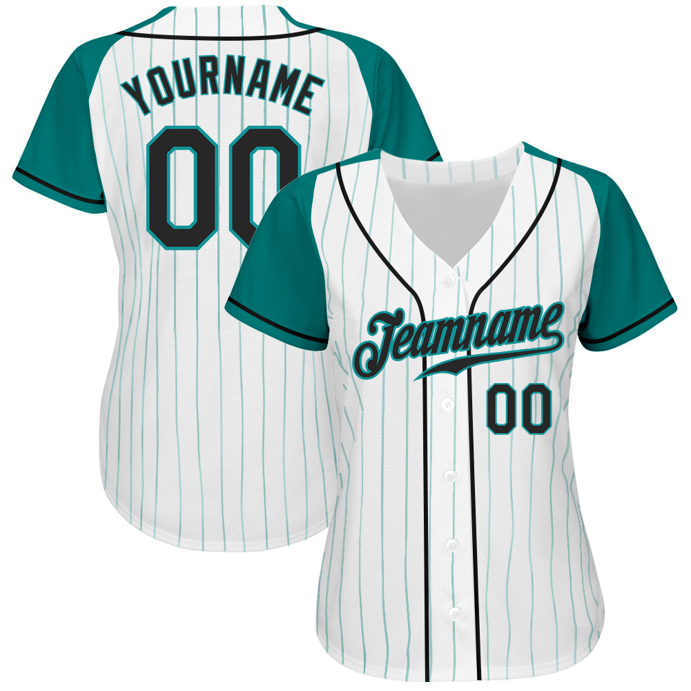 Custom White Aqua Pinstripe Black-Aqua Authentic Raglan Sleeves Baseball Jersey view 2