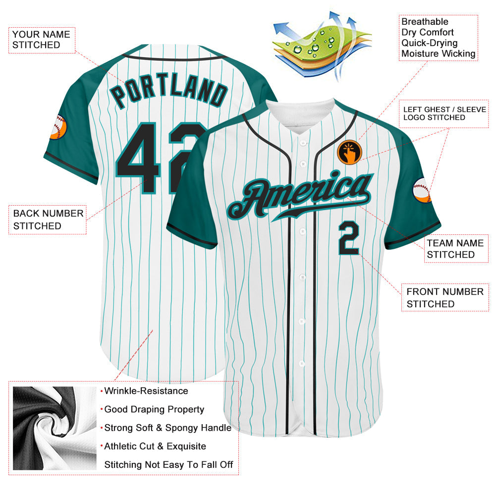 Custom White Aqua Pinstripe Black-Aqua Authentic Raglan Sleeves Baseball Jersey view 3