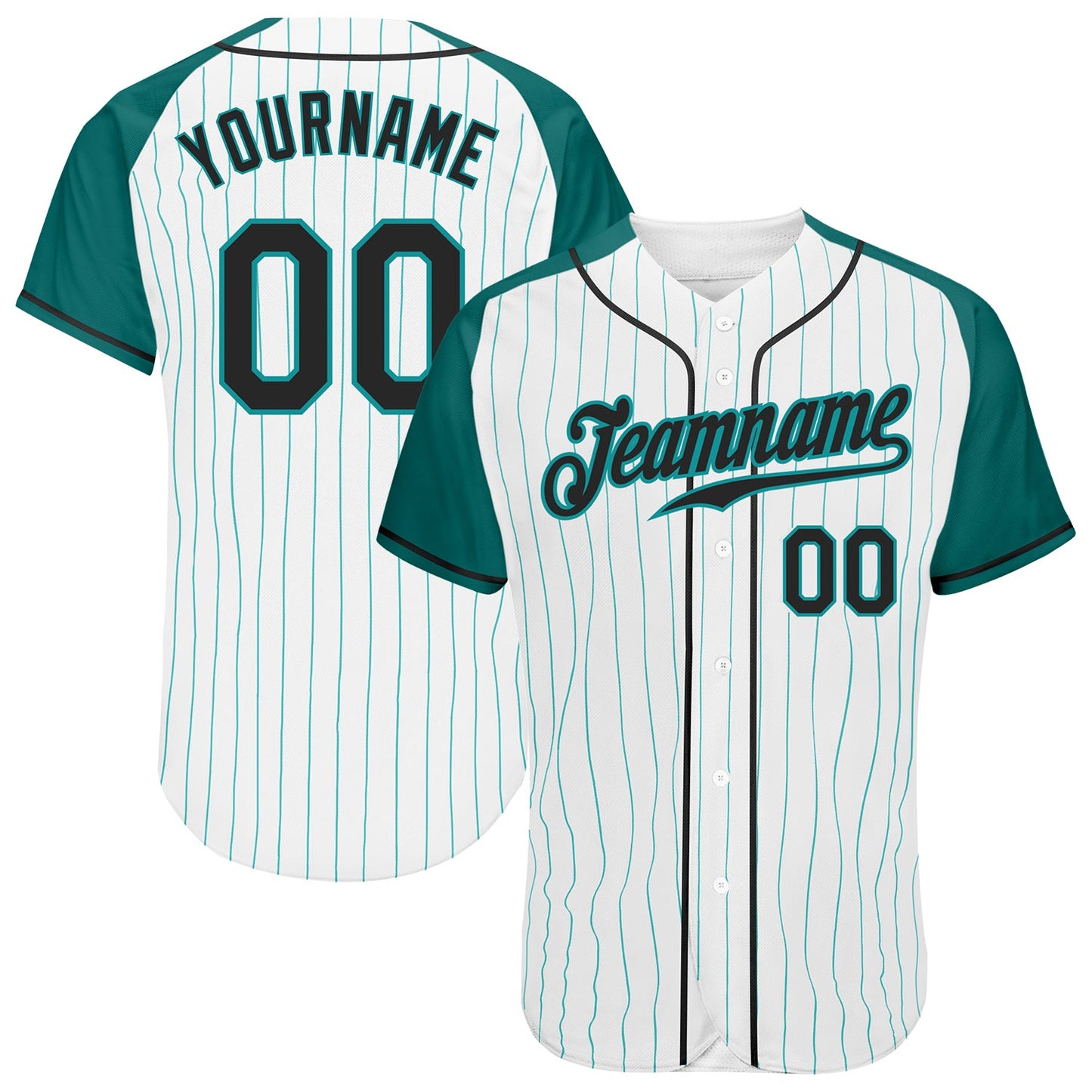 Custom White Aqua Pinstripe Black-Aqua Authentic Raglan Sleeves Baseball Jersey - Main View