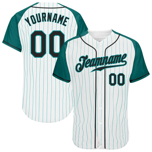 Custom White Aqua Pinstripe Black-Aqua Authentic Raglan Sleeves Baseball Jersey - Main View