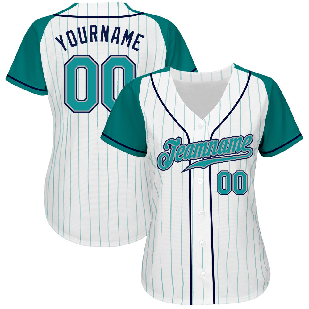 Custom White Aqua Pinstripe Aqua-Navy Authentic Raglan Sleeves Baseball Jersey view 2