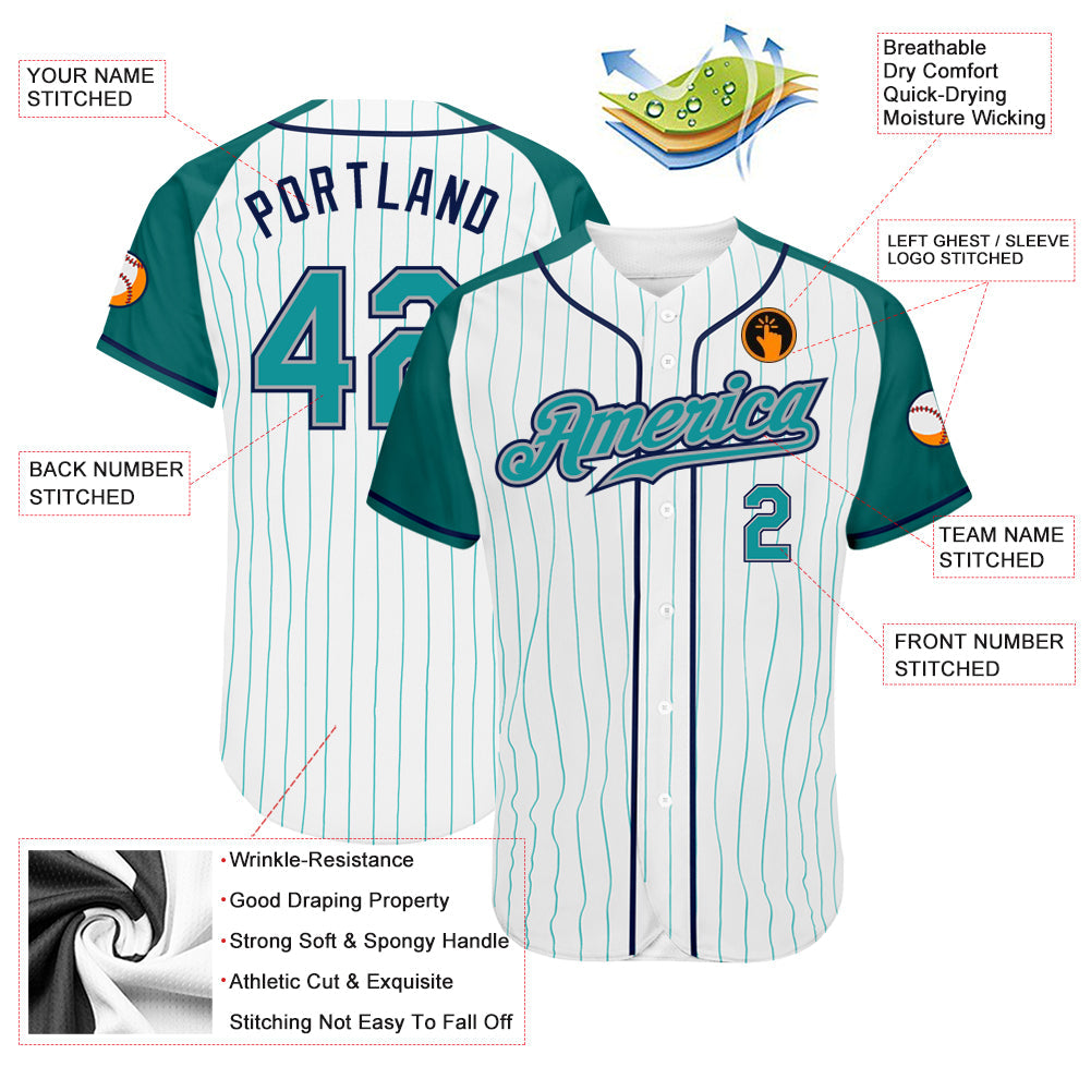 Custom White Aqua Pinstripe Aqua-Navy Authentic Raglan Sleeves Baseball Jersey view 3