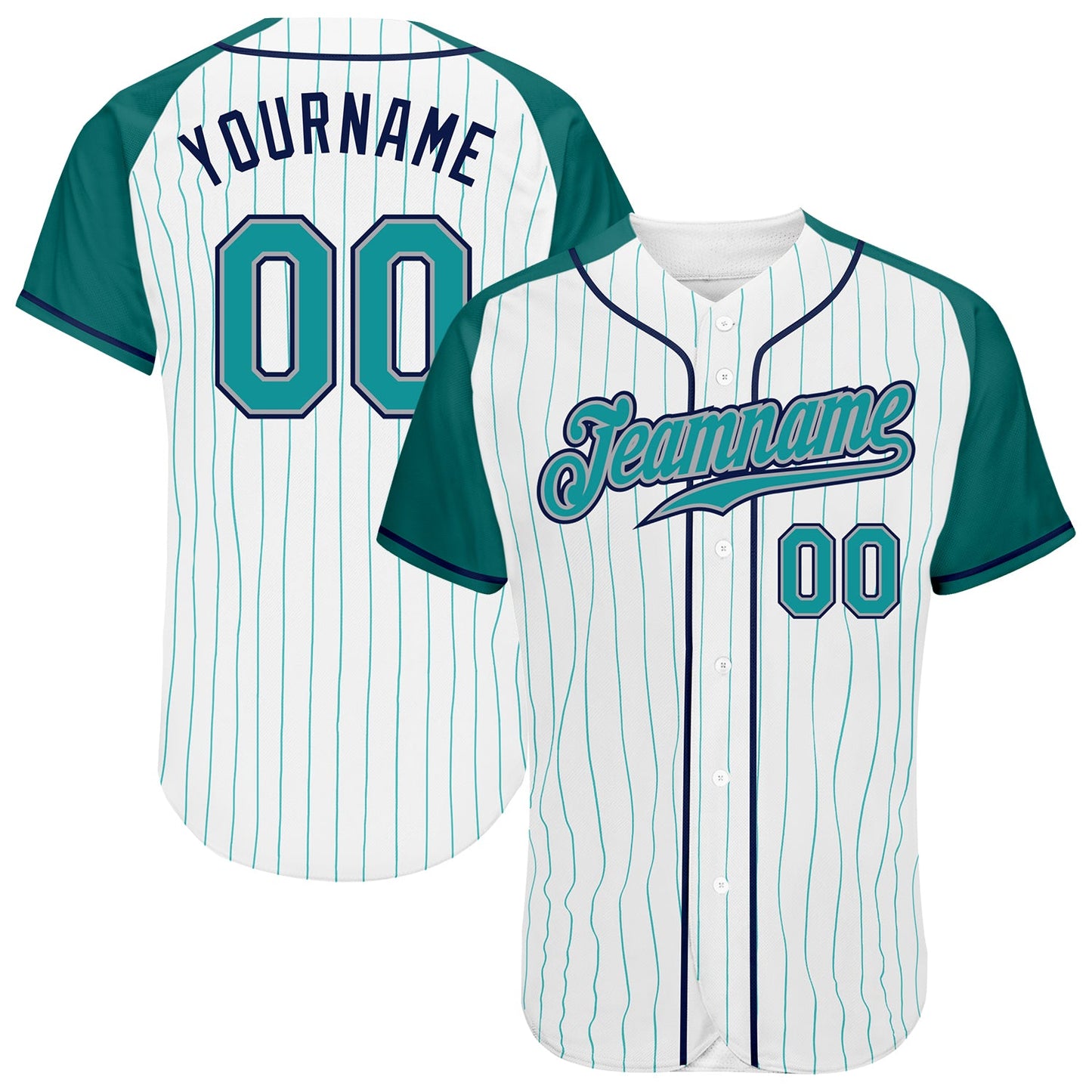 Custom White Aqua Pinstripe Aqua-Navy Authentic Raglan Sleeves Baseball Jersey - Main View