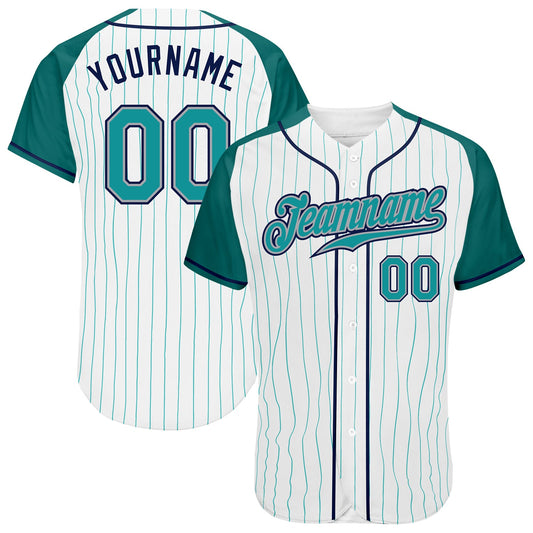 Custom White Aqua Pinstripe Aqua-Navy Authentic Raglan Sleeves Baseball Jersey - Main View