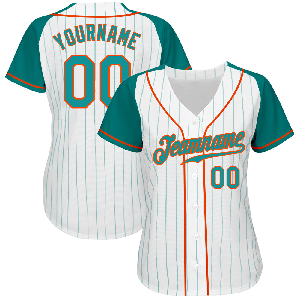 Custom White Aqua Pinstripe Aqua-Orange Authentic Raglan Sleeves Baseball Jersey view 2