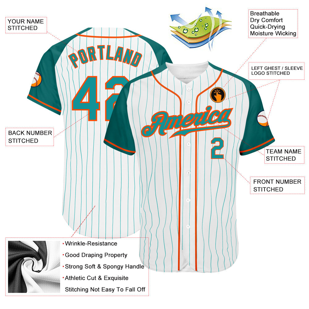 Custom White Aqua Pinstripe Aqua-Orange Authentic Raglan Sleeves Baseball Jersey view 3