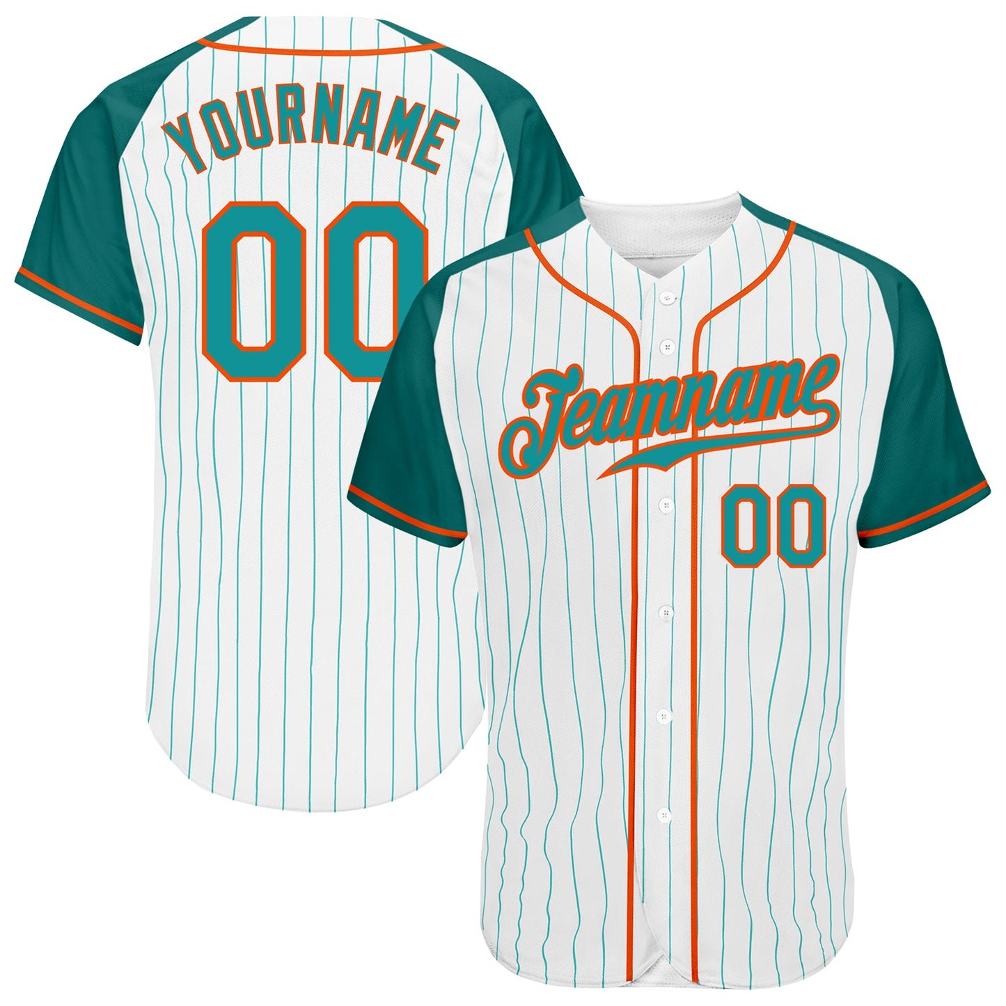 Custom White Aqua Pinstripe Aqua-Orange Authentic Raglan Sleeves Baseball Jersey - Main View