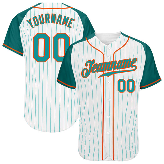 Custom White Aqua Pinstripe Aqua-Orange Authentic Raglan Sleeves Baseball Jersey - Main View