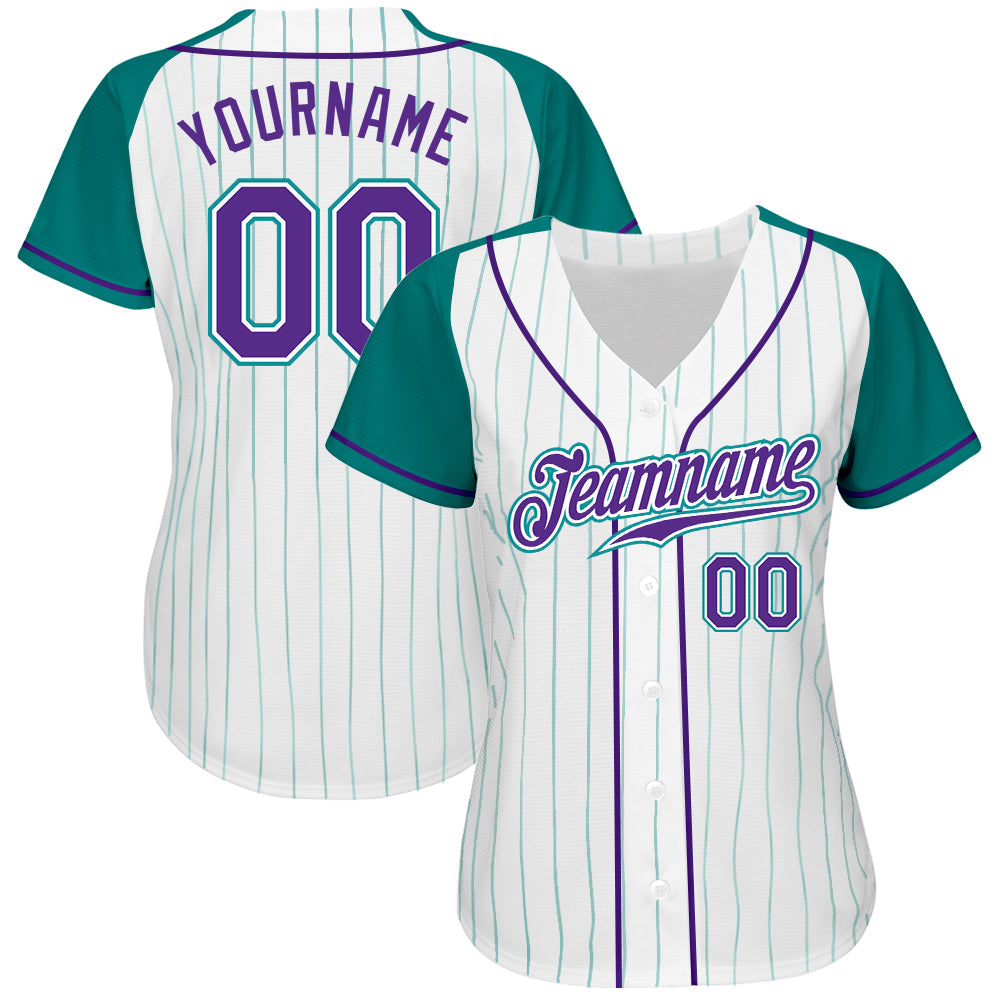 Custom White Aqua Pinstripe Purple-Aqua Authentic Raglan Sleeves Baseball Jersey view 2