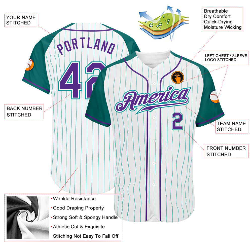 Custom White Aqua Pinstripe Purple-Aqua Authentic Raglan Sleeves Baseball Jersey view 3
