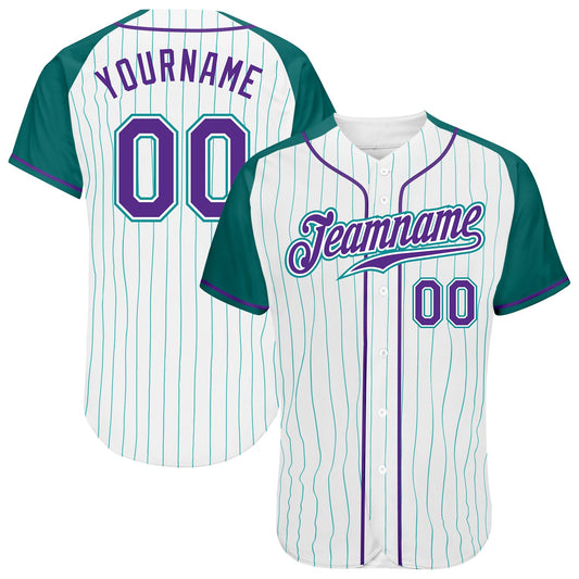 Custom White Aqua Pinstripe Purple-Aqua Authentic Raglan Sleeves Baseball Jersey - Main View