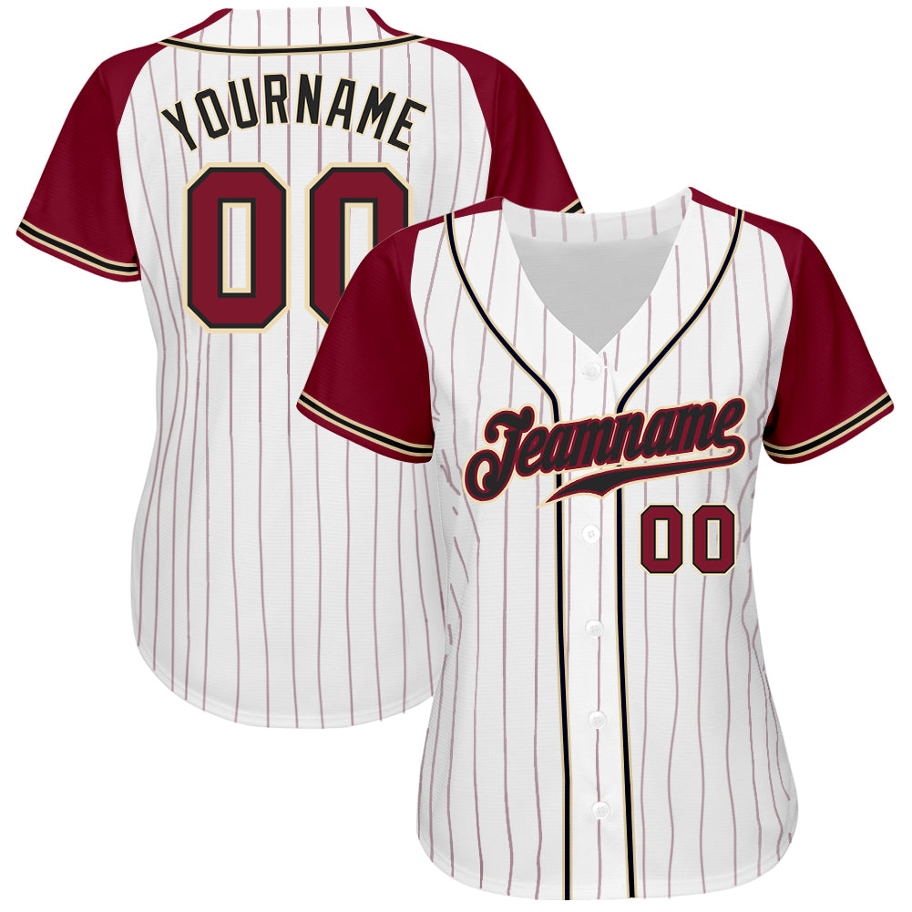 Custom White Crimson Pinstripe Crimson-Cream Authentic Raglan Sleeves Baseball Jersey view 3
