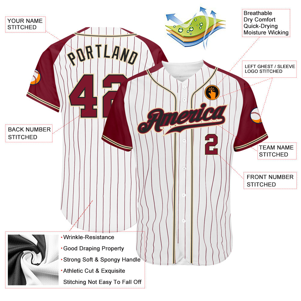 Custom White Crimson Pinstripe Crimson-Cream Authentic Raglan Sleeves Baseball Jersey view 4