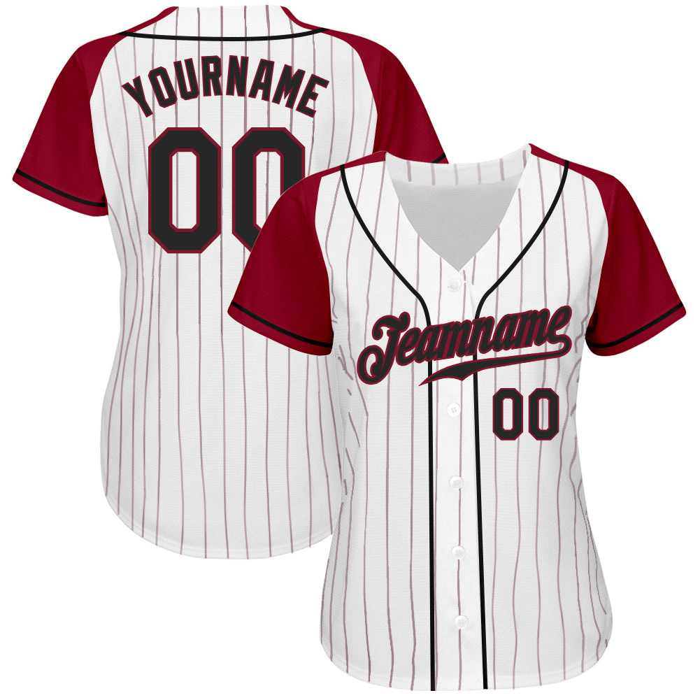 Custom White Crimson Pinstripe Black-Crimson Authentic Raglan Sleeves Baseball Jersey view 2