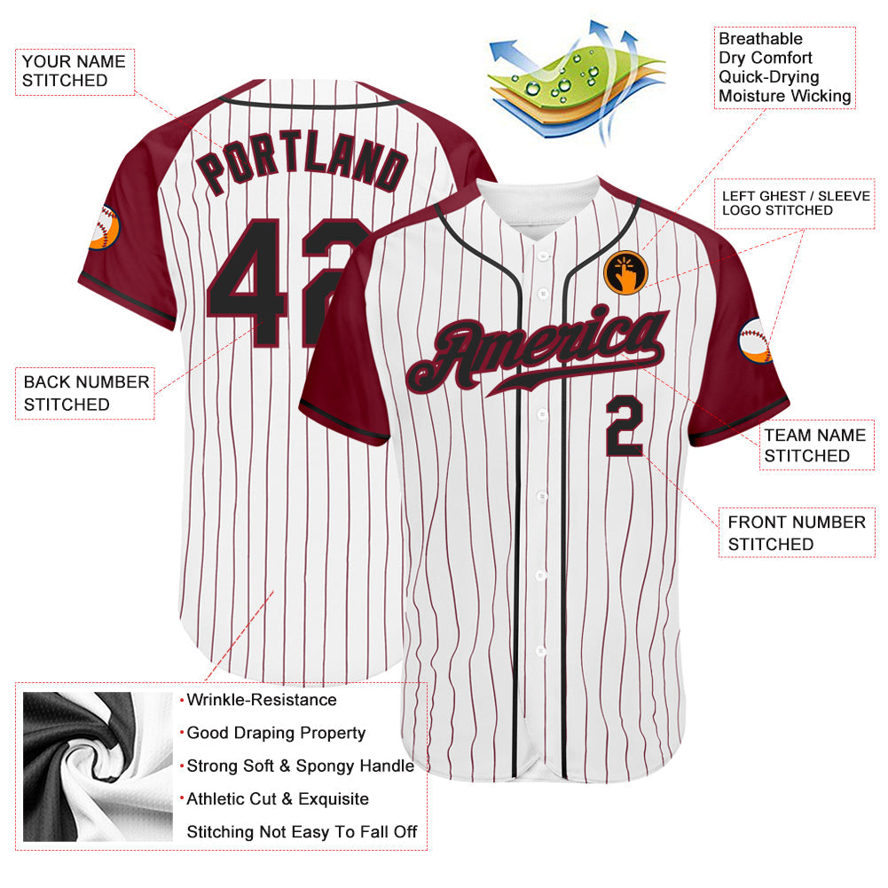 Custom White Crimson Pinstripe Black-Crimson Authentic Raglan Sleeves Baseball Jersey view 3