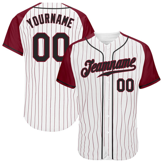 Custom White Crimson Pinstripe Black-Crimson Authentic Raglan Sleeves Baseball Jersey - Main View