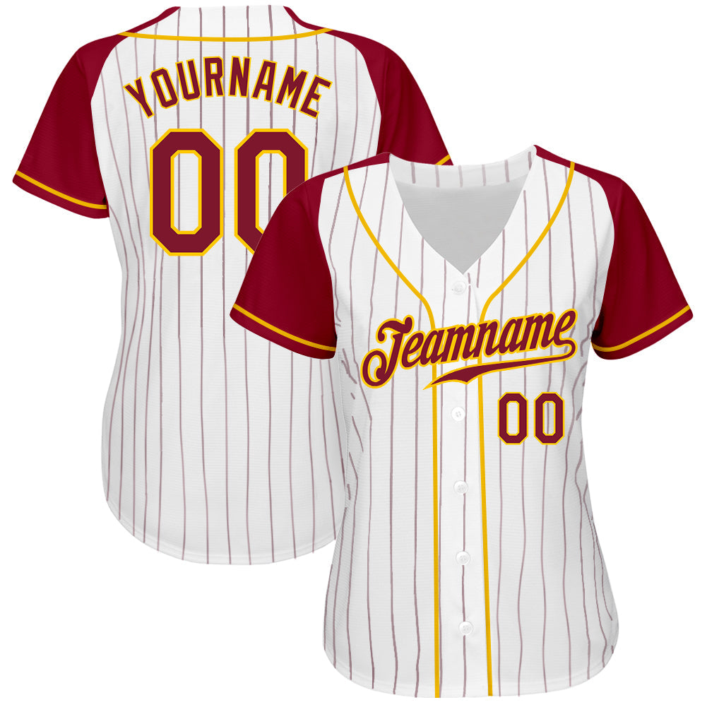 Custom White Crimson Pinstripe Crimson-Gold Authentic Raglan Sleeves Baseball Jersey view 2
