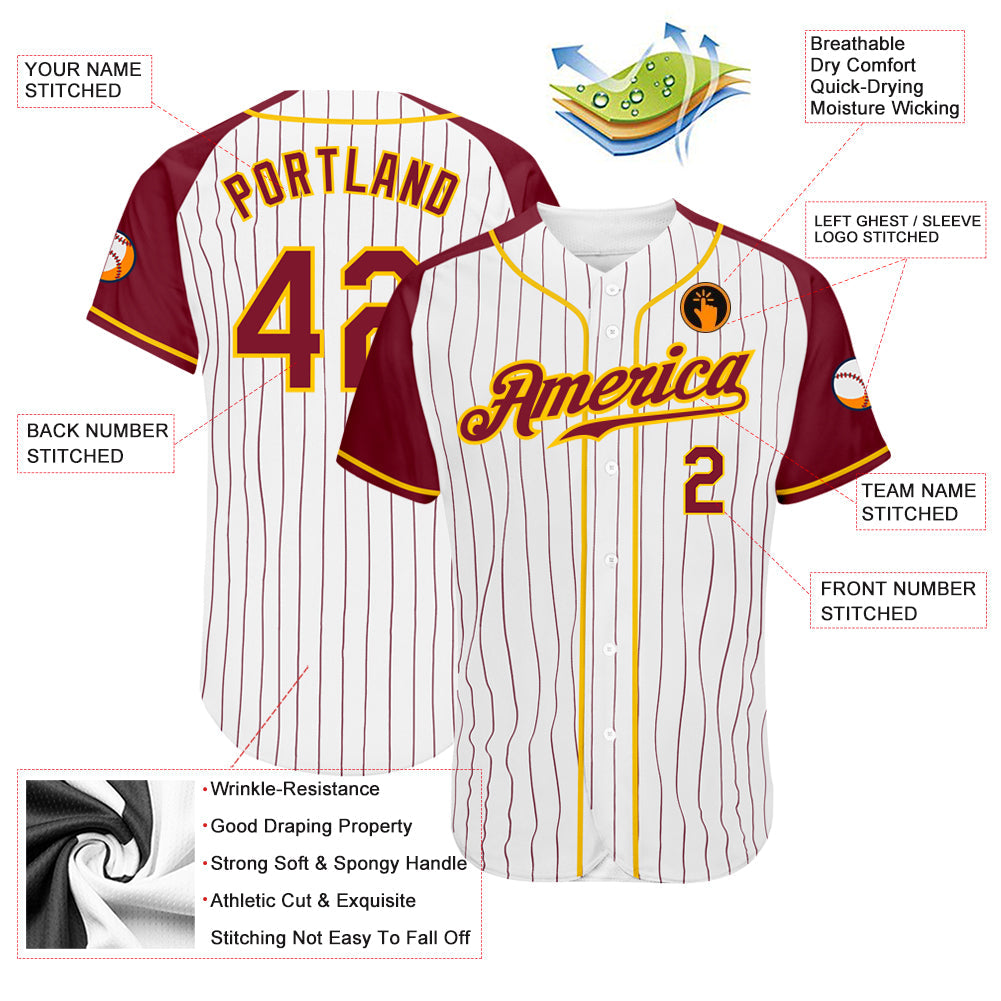 Custom White Crimson Pinstripe Crimson-Gold Authentic Raglan Sleeves Baseball Jersey view 3