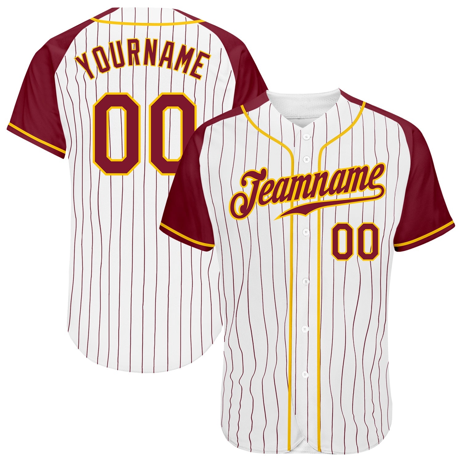 Custom White Crimson Pinstripe Crimson-Gold Authentic Raglan Sleeves Baseball Jersey - Main View