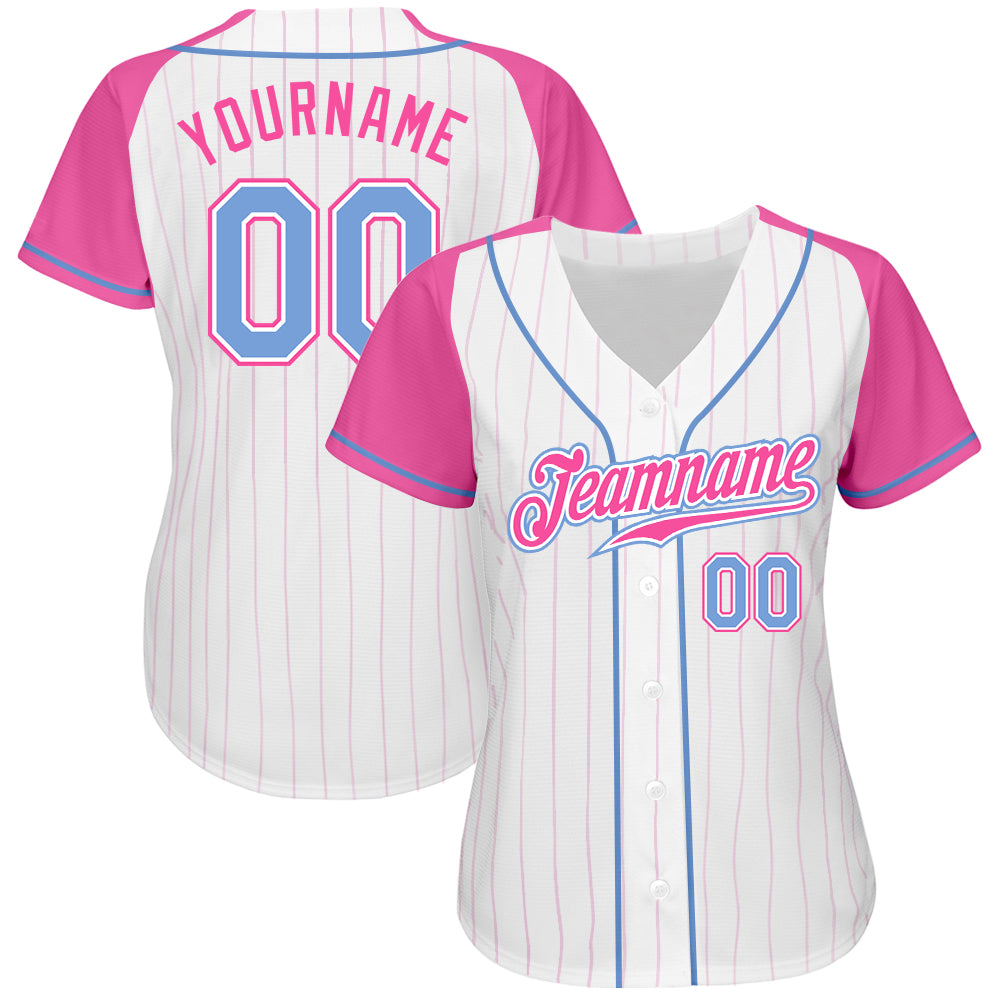 Custom White Pink Pinstripe Light Blue-Pink Authentic Raglan Sleeves Baseball Jersey view 2