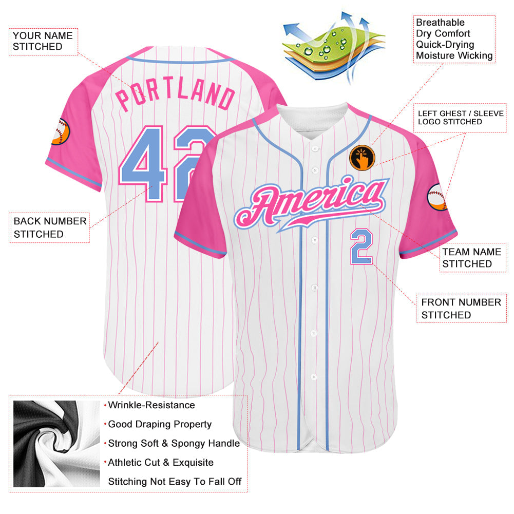 Custom White Pink Pinstripe Light Blue-Pink Authentic Raglan Sleeves Baseball Jersey view 3