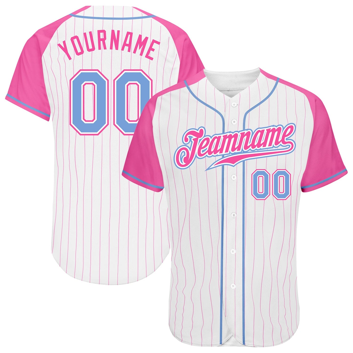 Custom White Pink Pinstripe Light Blue-Pink Authentic Raglan Sleeves Baseball Jersey - Main View