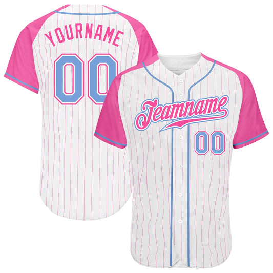 Custom White Pink Pinstripe Light Blue-Pink Authentic Raglan Sleeves Baseball Jersey - Main View