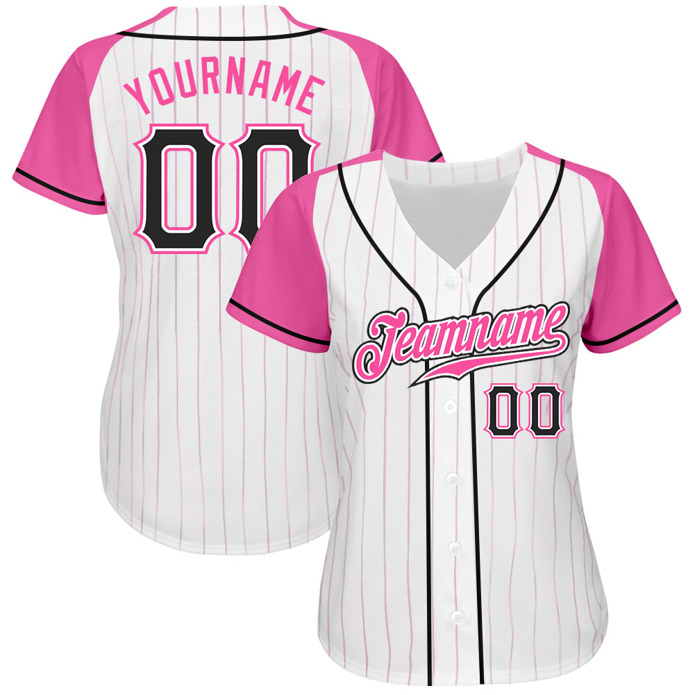 Custom White Pink Pinstripe Black-Pink Authentic Raglan Sleeves Baseball Jersey view 2