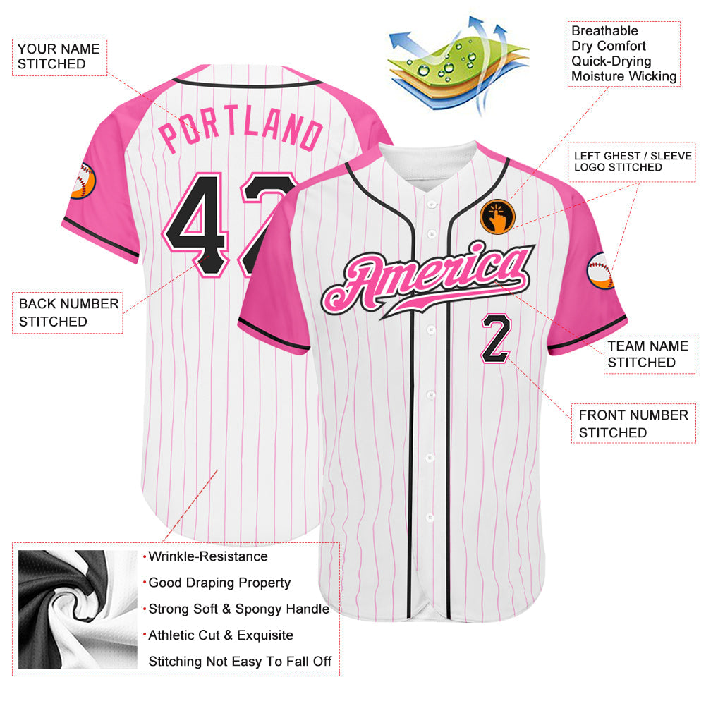 Custom White Pink Pinstripe Black-Pink Authentic Raglan Sleeves Baseball Jersey view 3