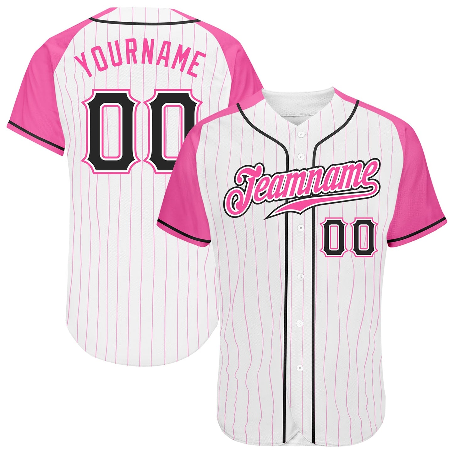 Custom White Pink Pinstripe Black-Pink Authentic Raglan Sleeves Baseball Jersey - Main View