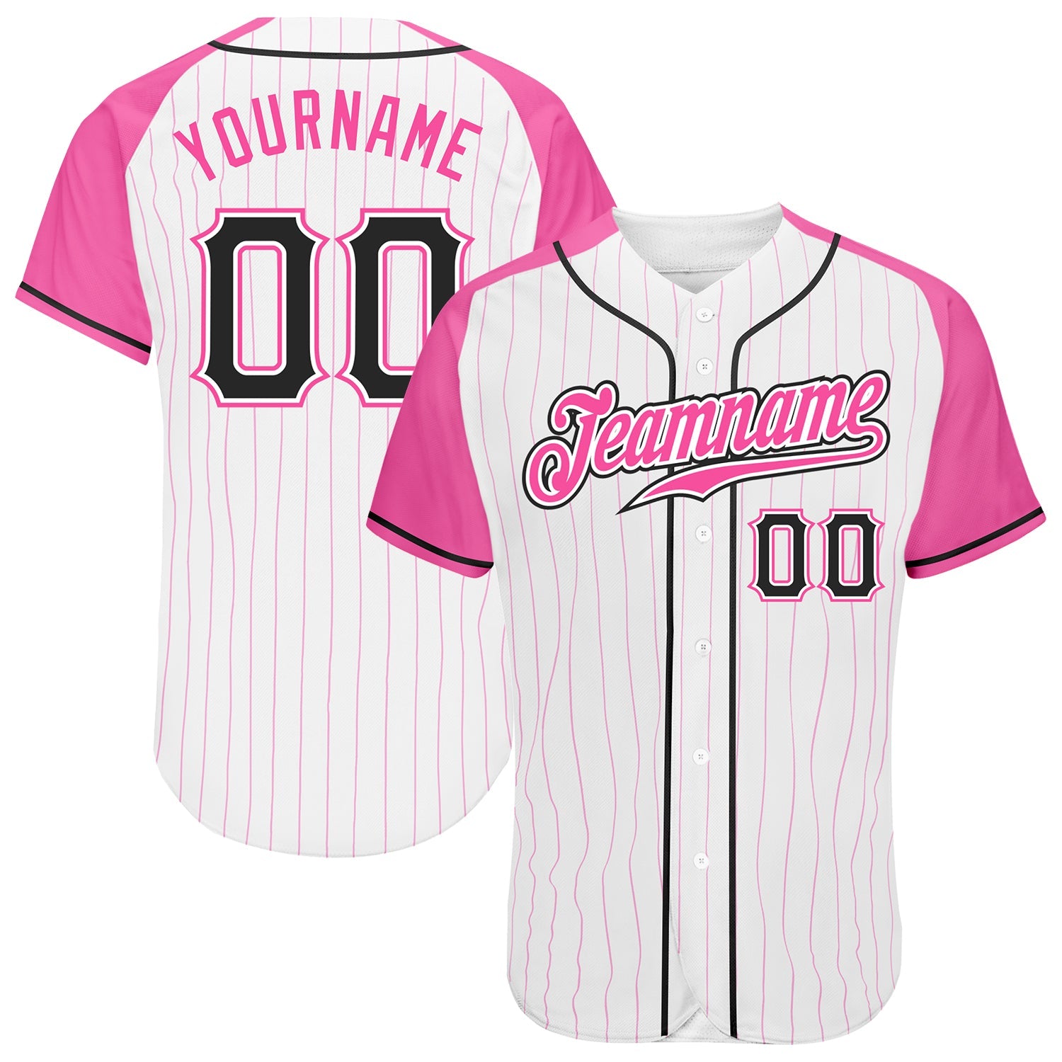Custom White Pink Pinstripe Black-Pink Authentic Raglan Sleeves Baseball Jersey - Main View