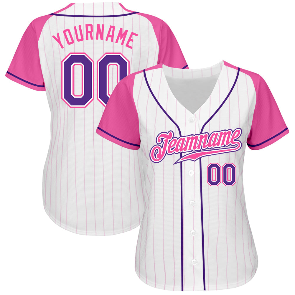Custom White Pink Pinstripe Purple-Pink Authentic Raglan Sleeves Baseball Jersey view 2