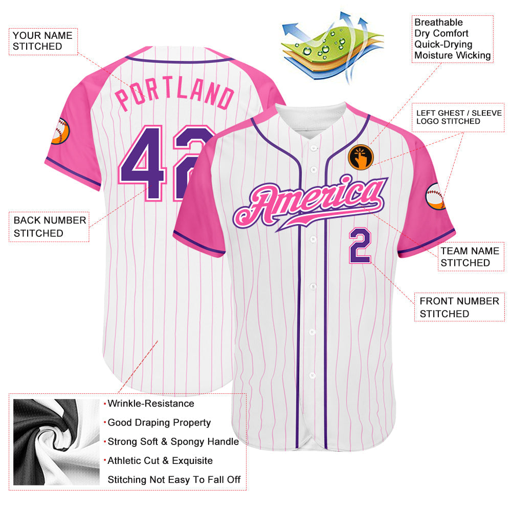 Custom White Pink Pinstripe Purple-Pink Authentic Raglan Sleeves Baseball Jersey view 3