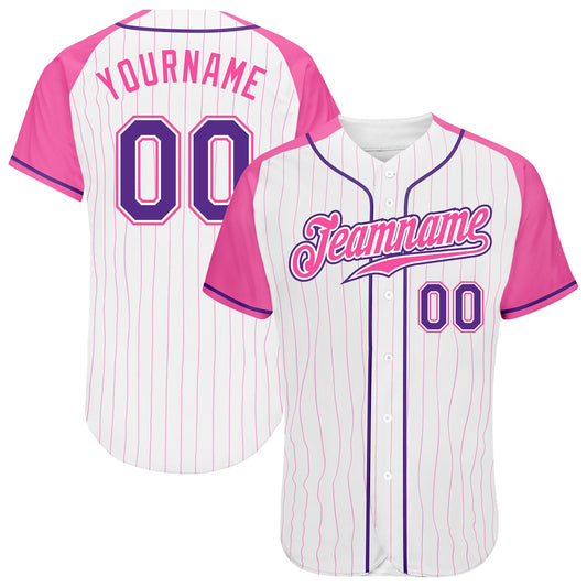 Custom White Pink Pinstripe Purple-Pink Authentic Raglan Sleeves Baseball Jersey - Main View