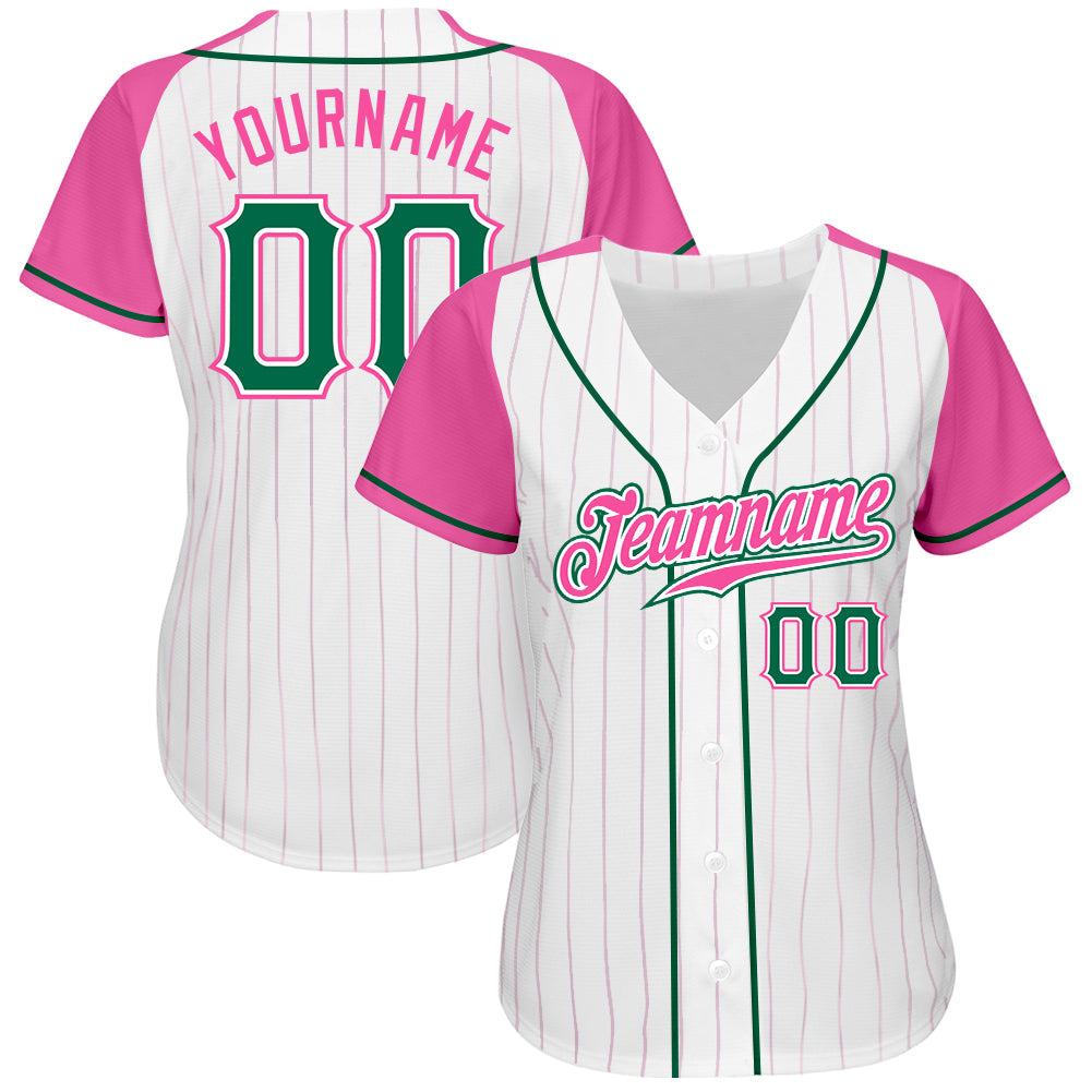 Custom White Pink Pinstripe Kelly Green-Pink Authentic Raglan Sleeves Baseball Jersey view 2