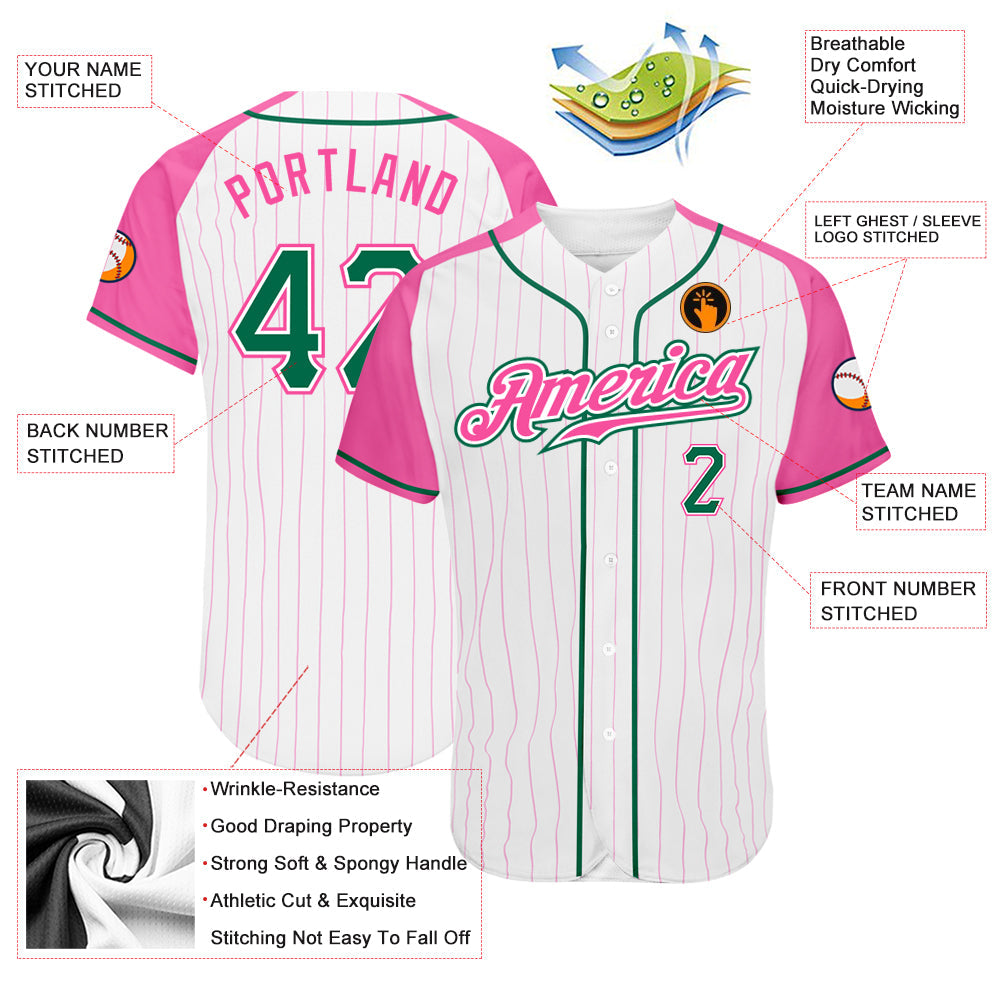 Custom White Pink Pinstripe Kelly Green-Pink Authentic Raglan Sleeves Baseball Jersey view 3
