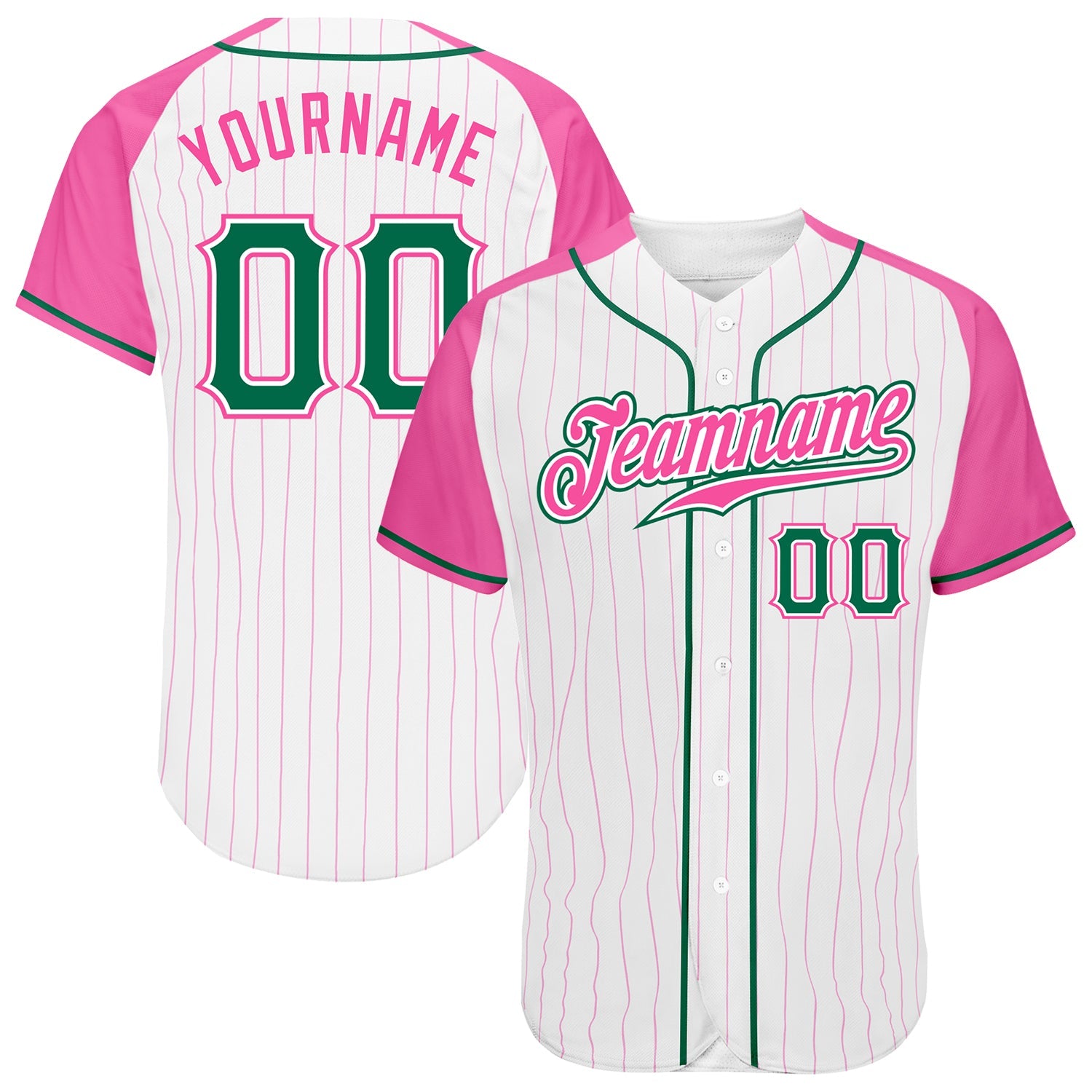 Custom White Pink Pinstripe Kelly Green-Pink Authentic Raglan Sleeves Baseball Jersey - Main View