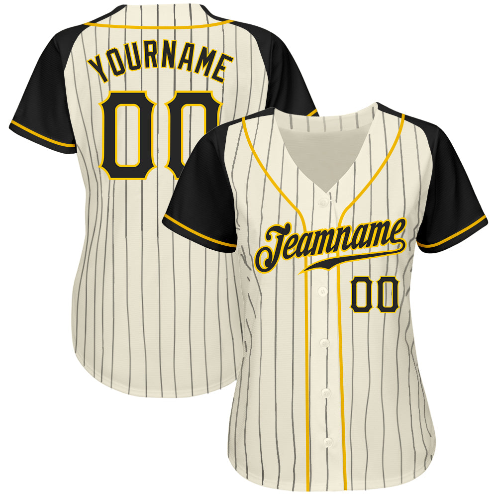Custom Cream Black Pinstripe Black-Gold Authentic Raglan Sleeves Baseball Jersey view 2