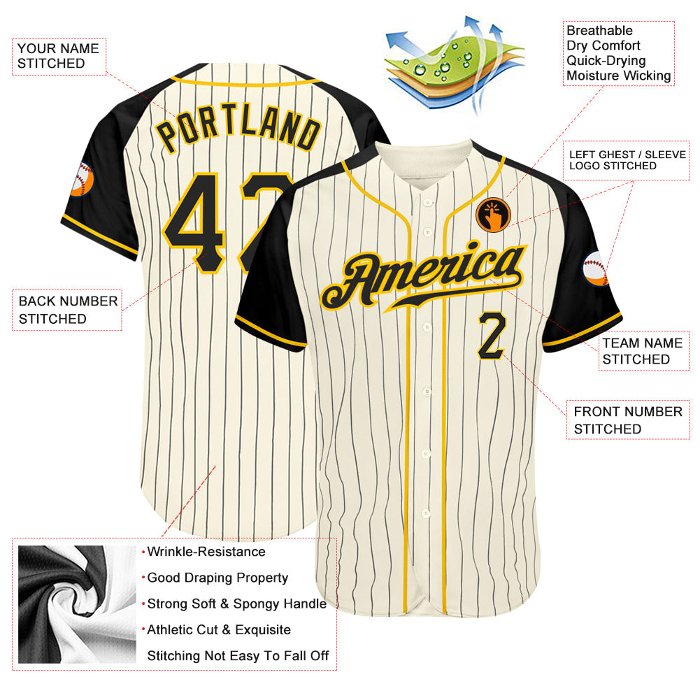 Custom Cream Black Pinstripe Black-Gold Authentic Raglan Sleeves Baseball Jersey view 3