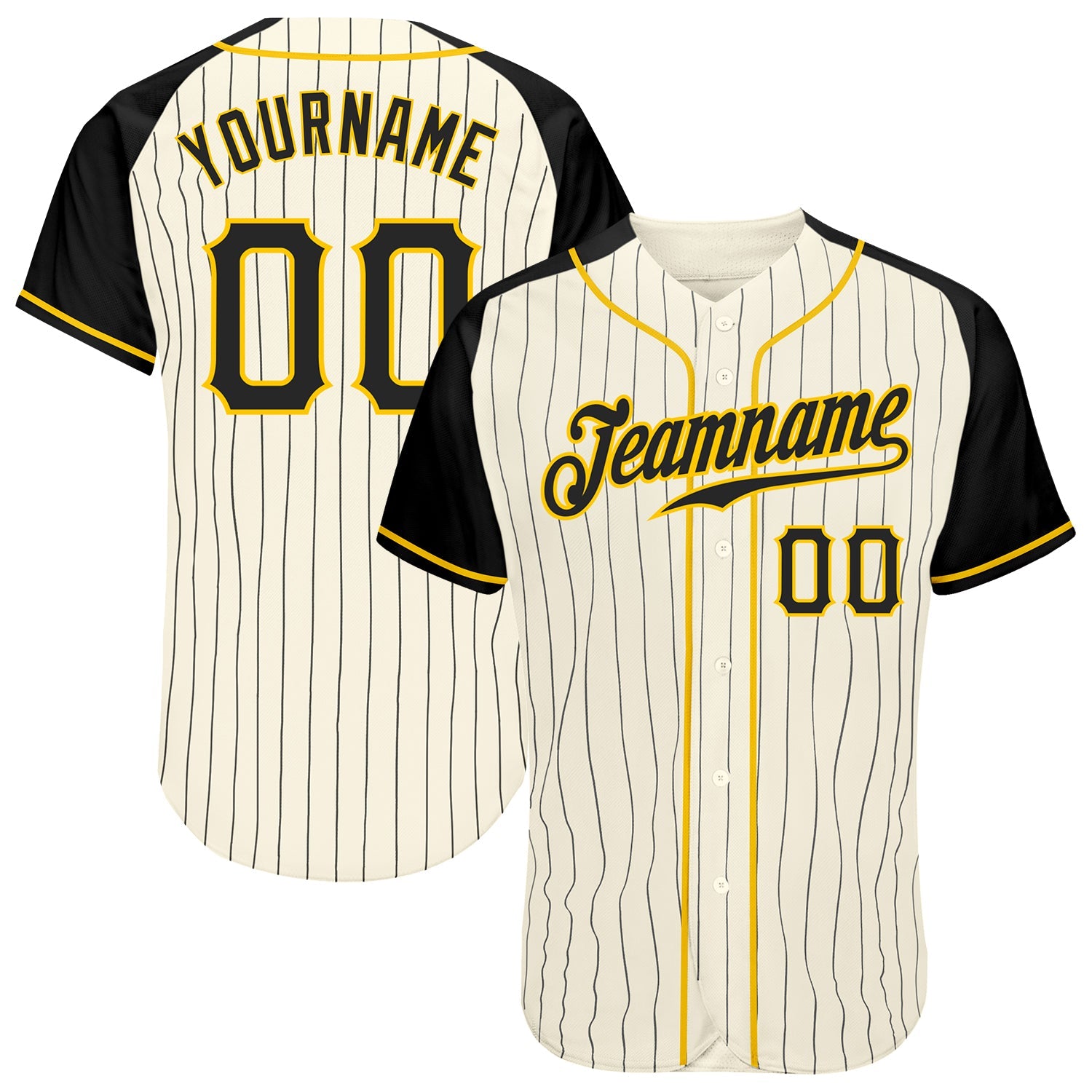 Custom Cream Black Pinstripe Black-Gold Authentic Raglan Sleeves Baseball Jersey - Main View