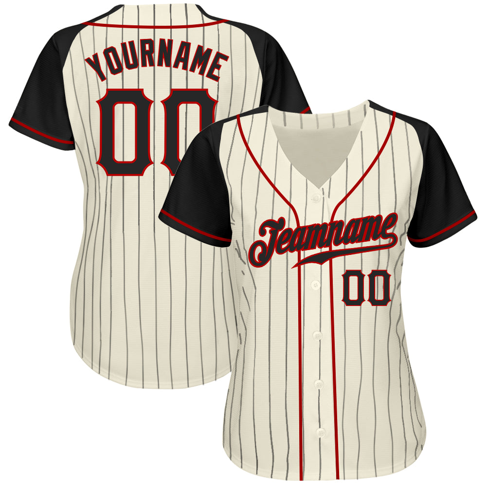 Custom Cream Black Pinstripe Black-Red Authentic Raglan Sleeves Baseball Jersey view 2