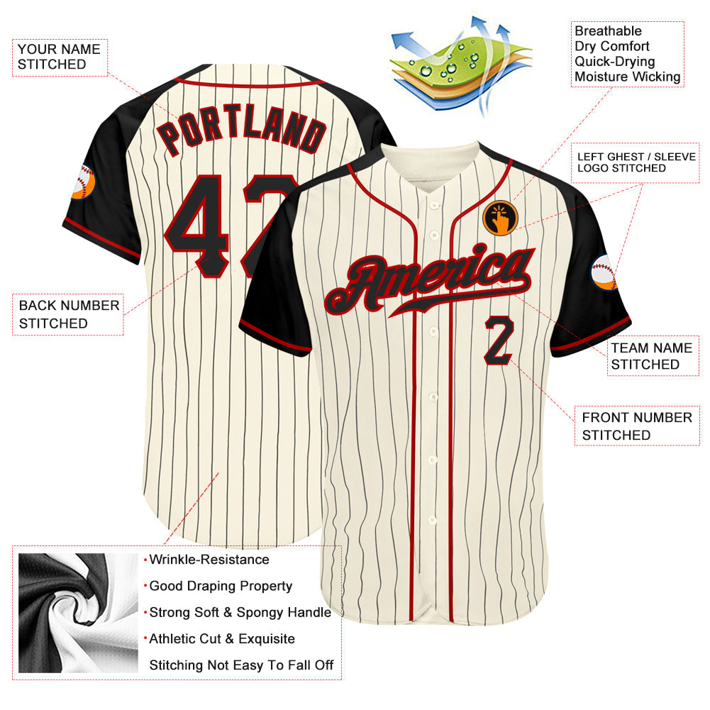 Custom Cream Black Pinstripe Black-Red Authentic Raglan Sleeves Baseball Jersey view 3