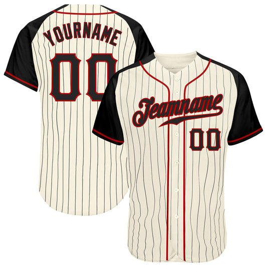 Custom Cream Black Pinstripe Black-Red Authentic Raglan Sleeves Baseball Jersey - Main View